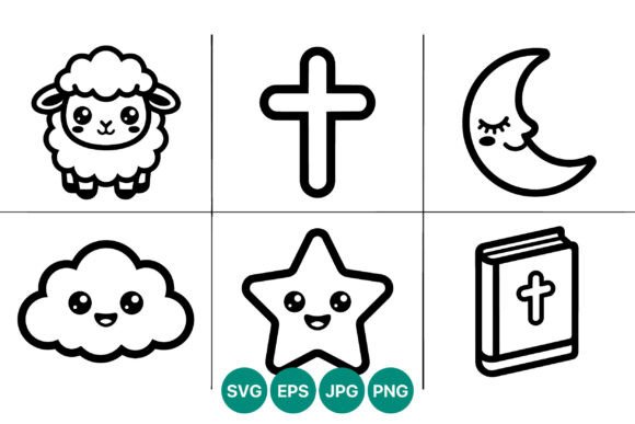 Cute Cartoon Lamb Cross Moon Star Bible Illustrations