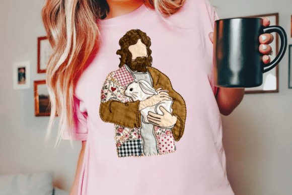 Faux Floral Patchwork Jesus with Bunny Illustrations