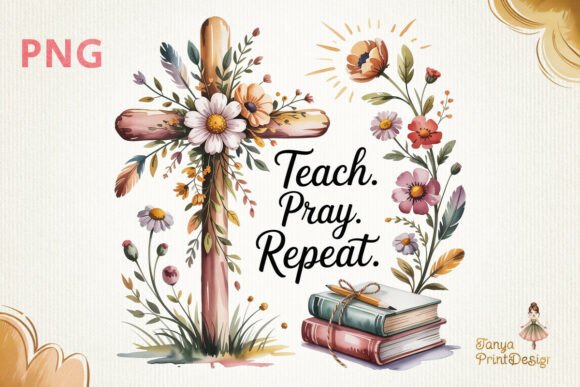 Teach Pray Floral Cross Sublimation Design